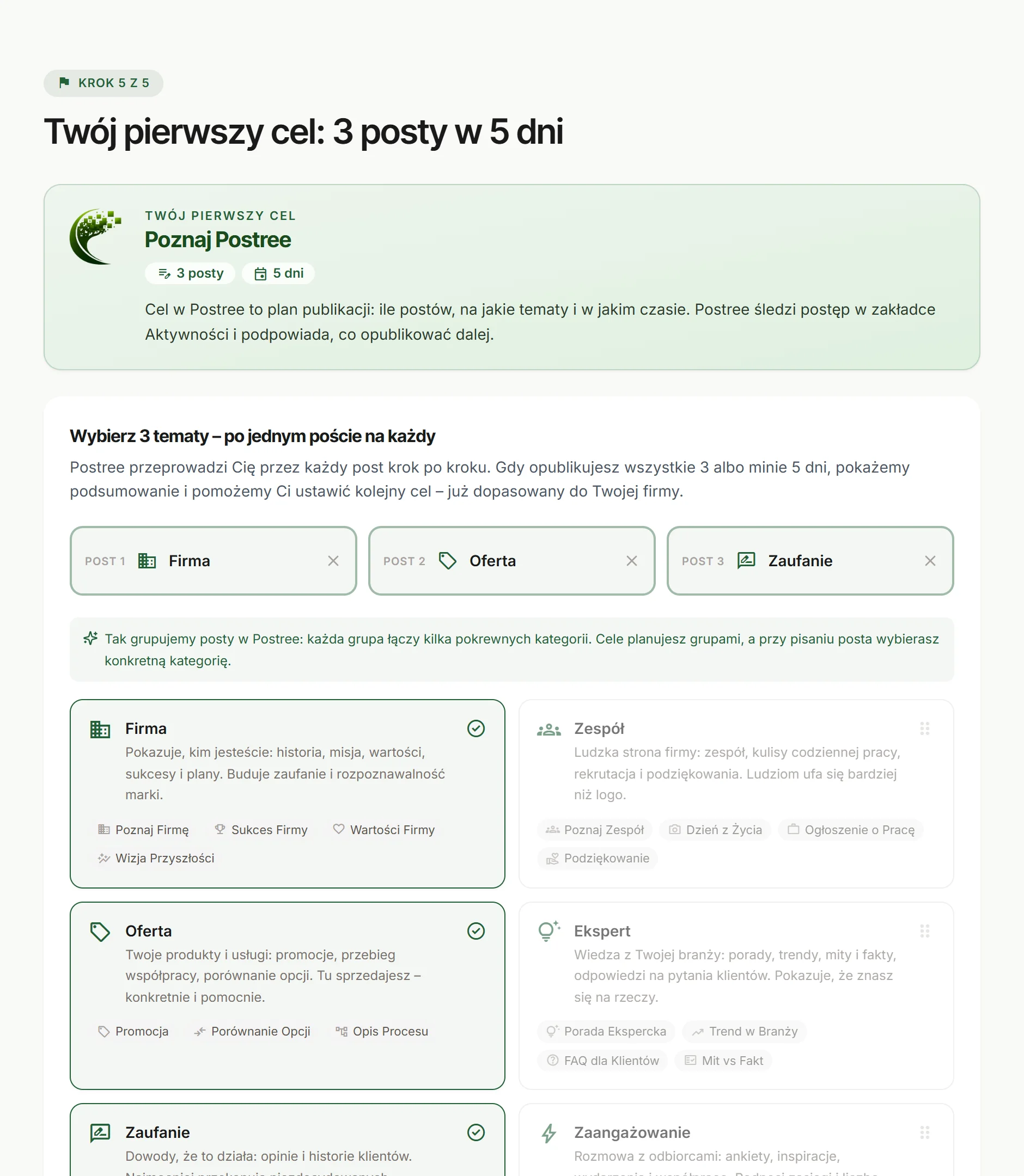 Krok 5 onboardingu Postree: cel startowy Poznaj Postree – 3 posty w 5 dni